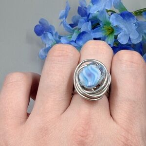 Silver Wire Wrap Blue Swirl Stone Handmade Ring